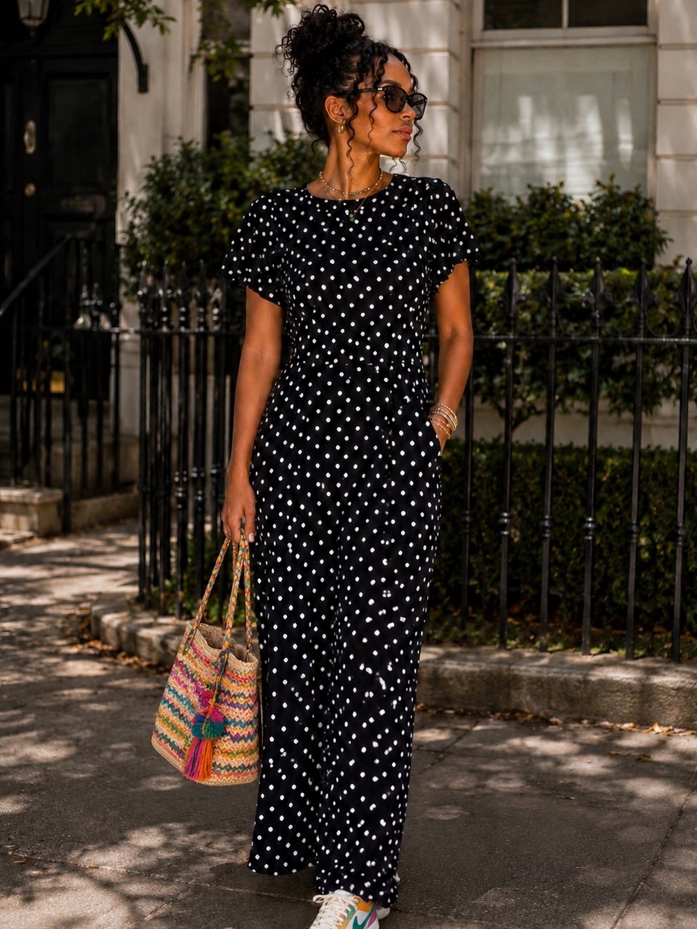 Calvin Klein Black White Polka Dot Wide Leg Jumpsuit Size 10 Flutter Sleeve